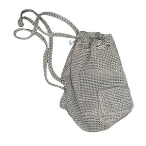 The Sak Beige Khaki Crochet Drawstring Hobo Backpack Knit Shoulder Bucket Bag